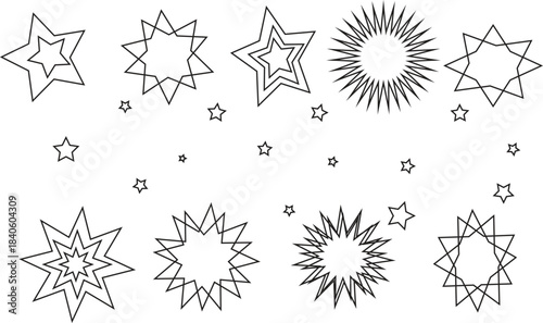 Collection of hand drawn stars and sparkles in a black and white sketch style