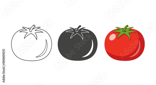 Tomato icon set isolated on white background outline, silhouette and color versions of tomato vector illustration of fresh vegetable