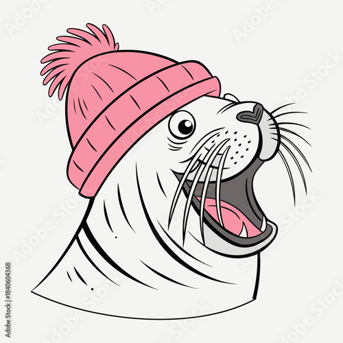 Cute cartoon seal wearing a pink knitted beanie hat