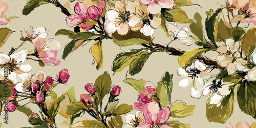 Expressive oil painted cherry blossom seamless pattern on a yellow background for fashion textiles, luxurious wrapping paper, and spring branding