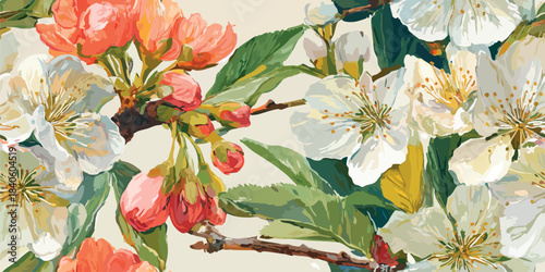 Artistic drawing of blooming cherry blossom seamless pattern on a pale background for elegant spring fabrics, refined stationery, and soft decor