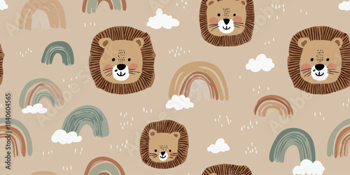 Cute cartoon lion heads and rainbow seamless pattern in earthy neutral tones for nursery fabrics, children's stationery, and cozy home decor