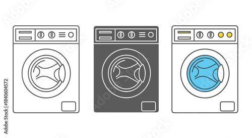 Three washing machines in different colors isolated on white background a set of household appliances for washing clothes vector illustration