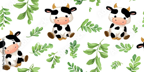 Cute cartoon cow and tropical leaf seamless pattern for playful nursery fabrics, children's stationery, and farm-themed branding