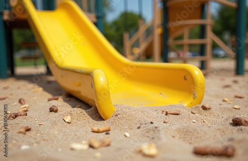 Wallpaper Mural Yellow metal slide in childrens playground with bark wooden chips for safety. Sand, woodchips surround slide. Play equipment in public park. Green trees in background. Daytime outdoor recreation for Torontodigital.ca