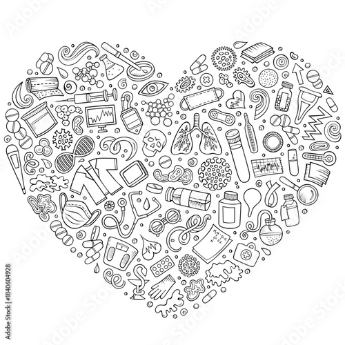 Set of medical cartoon doodle objects. Heart form composition