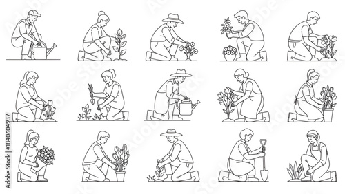 Crouching Farmers and Garden Workers | Clean Line Vector