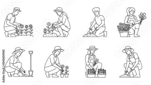 Flower Growers Crouching | Minimal Editable Line Vector