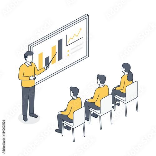 Business presentation with a speaker pointing at a bar chart on a whiteboard to an attentive audience
