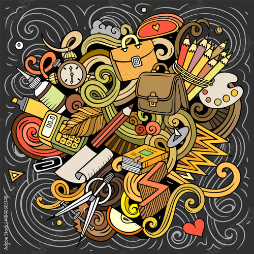 Vector chalkboard illustration of school and education objects