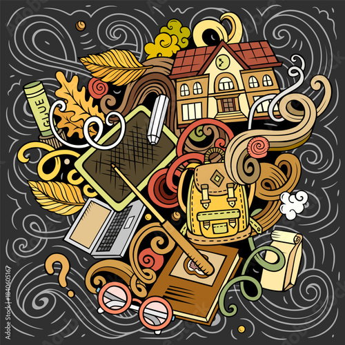 Vector chalkboard illustration of school and education objects