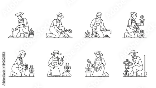 Florists and Flower Growers Crouching | Vector Line Art