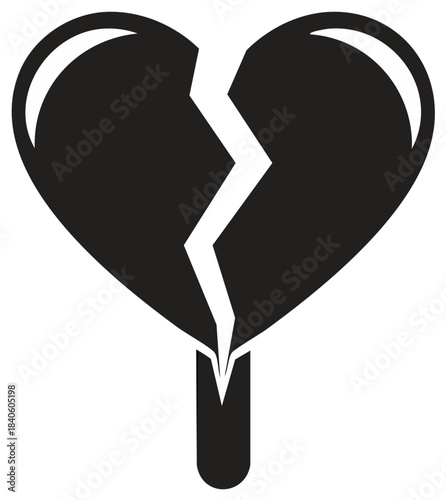 Black broken heart shaped lollipop icon representing heartbreak and sadness