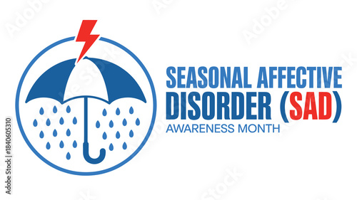 Seasonal Affective Disorder SAD Awareness Month December poster with rain umbrella icon, winter depression mental health campaign
