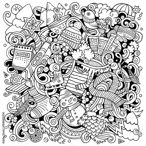 Cartoon vector doodles Winter illustration