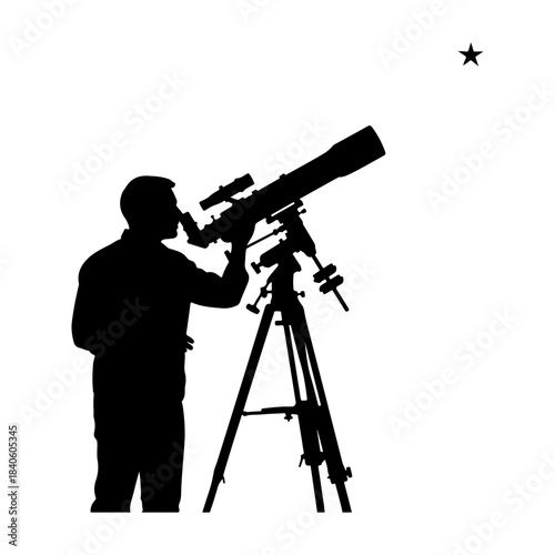 Astronomer with telescope observing a star in the night sky, illustration