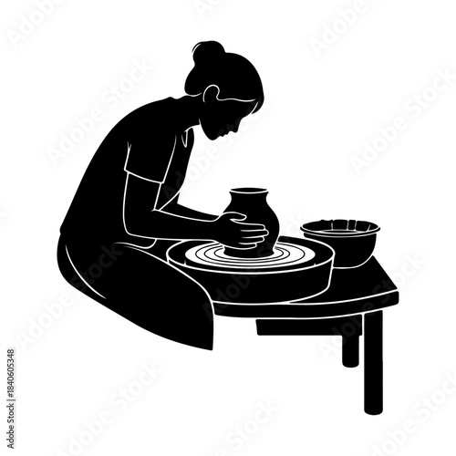 Silhouette of a person skillfully crafting pottery on a spinning wheel, creating a beautiful ceramic vessel