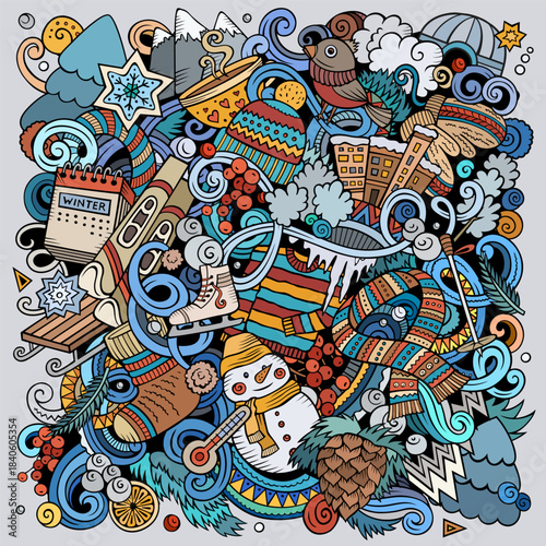 Cartoon vector doodles Winter illustration