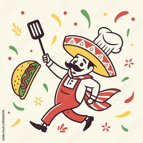 Cartoon mexican chef with sombrero and taco, celebrates with spatula