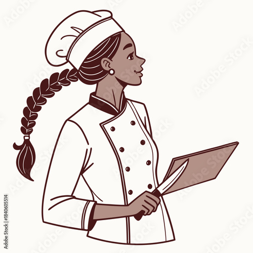 Woman chef in uniform with braided hair holding a knife and board