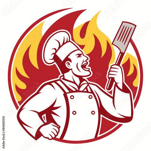 Excited chef with spatula in front of flames, retro illustration, 60