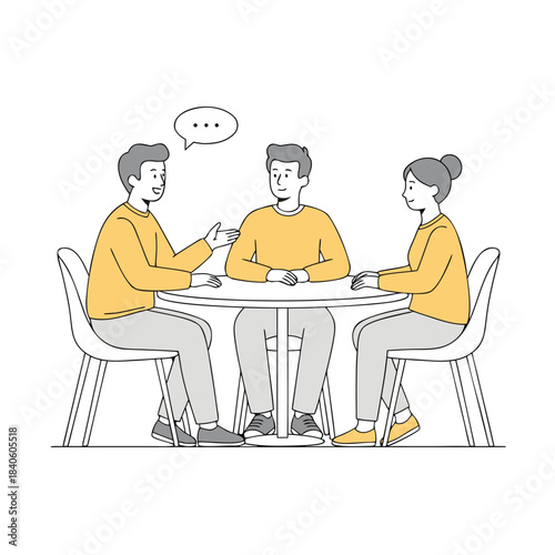 Three diverse individuals engaged in a lively discussion around a table illustrating teamwork and communication