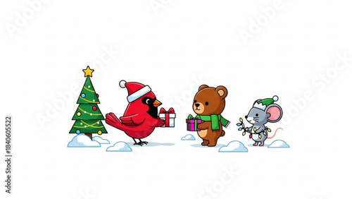 Holiday Gifts and Friends: A festive scene unfolds with a charming cartoon cardinal bird, a cuddly bear, and a cheerful mouse exchanging gifts beneath a decorated Christmas tree.