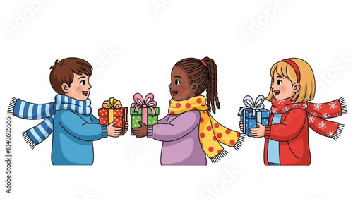 Gift Exchange among Friends: Three children exchange gifts during a festive gathering, illustrating the joy and camaraderie of sharing and generosity. They are all bundled up warm for the winter.