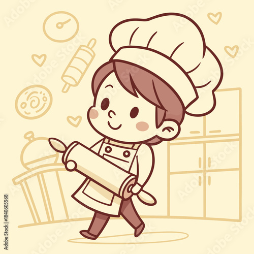 Cute cartoon chef with rolling pin ready to bake, isolated character.