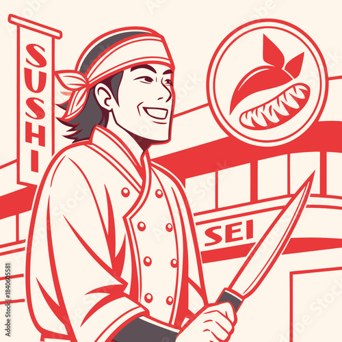 Japanese sushi chef smiles holding knife ready to prepare food