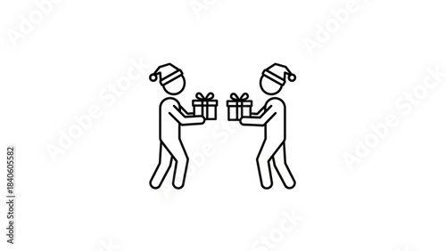 Gift Exchange Illustration: Minimalist black and white line art illustrates a pair of figures exchanging gift boxes, conveying themes of sharing and giving.