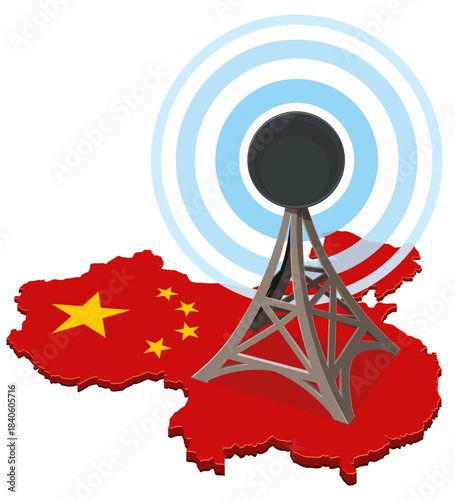 China map (flag colors) with a communication tower emitting signal waves. Concept for global network, broadcasting, or data connectivity. (cut out)