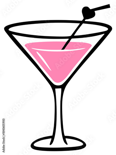Pink martini cocktail in a glass with heart garnish and straw, isolated on white