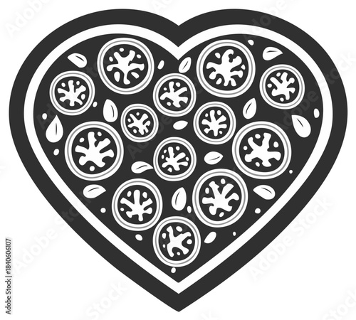 Heart Shaped Pizza Graphic with Sliced Tomato Toppings and Basil Leaves