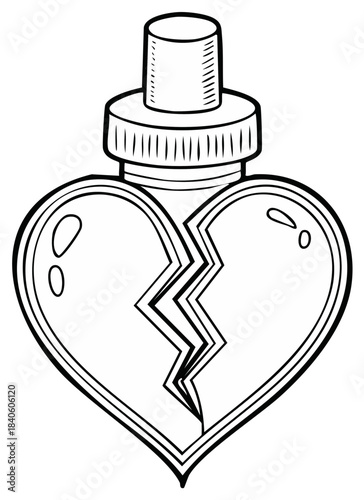 Black and white illustration of a heart-shaped glass bottle with a crack on it representing heartbreak, divorce, broken relationship, or feeling blue