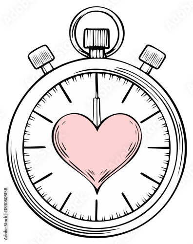 Hand drawn stopwatch with a pink heart icon symbolizing love and time