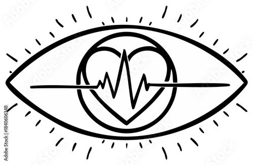 Eye with heart and heart rate, minimalist illustration, creative design in black