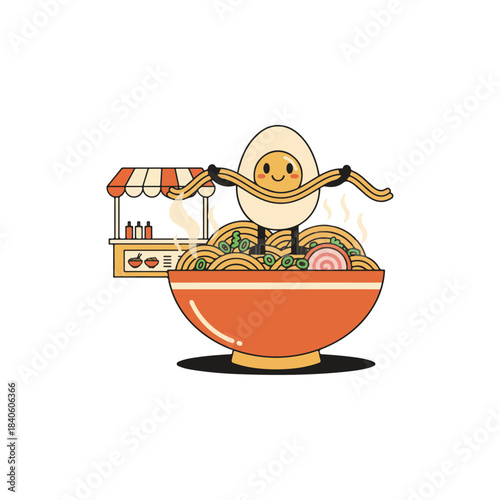 Cute cartoon boiled egg character dancing on ramen noodles in a bowl, with a food stall in the background, whimsical illustration