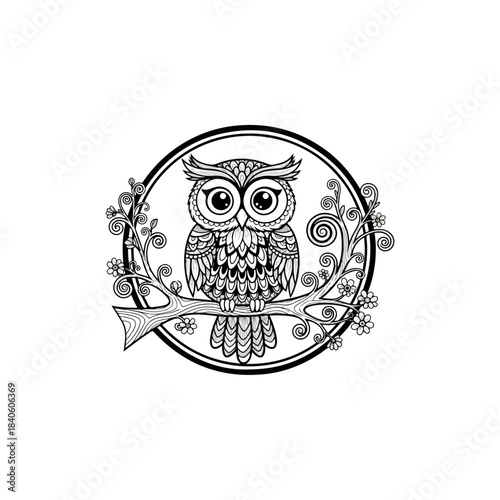 Detailed black and white owl perched on a branch with ornate floral elements and a circular frame, vector illustration