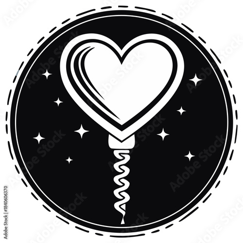 Stylized white heart shape with a spiraling corkscrew icon in a dark starry round frame