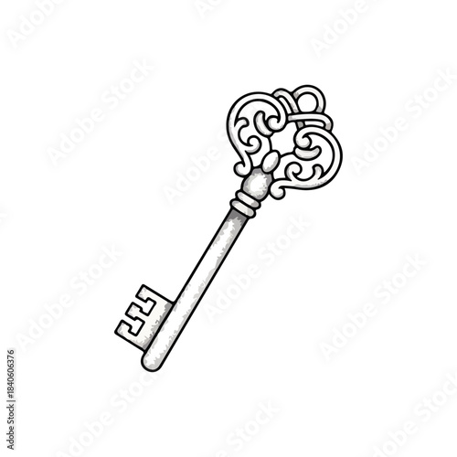 Elegant Vintage Ornate Skeleton Key with Intricate Swirls and Decorative Handle Isolated on White Background, Antique