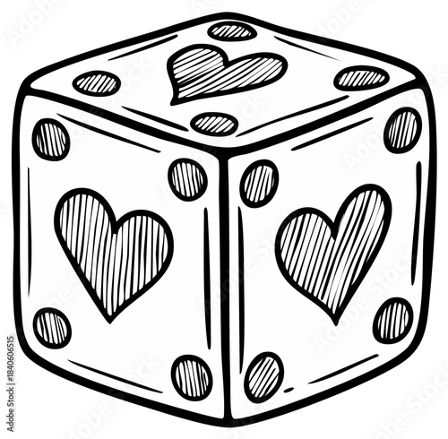 Hand Drawn Dice with Hearts and Dots for Games of Chance or Love Decisions in Black and White