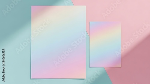 Pastel holographic stationery mockup cards on geometric background