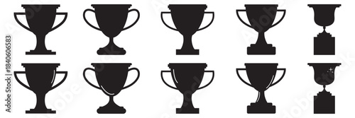 Big set of witter cups silhouette. Hand drawn winner cups isolated on white background. Vector illustration