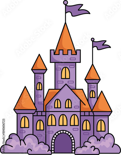Cute fairytale castle illustration, magical purple fortress, fantasy kingdom tower art, enchanted storybook building with flags, cartoon style vector