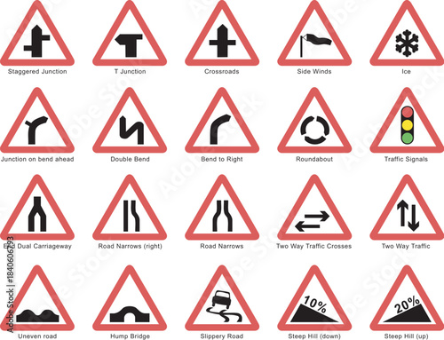 UK traffic warning signs. A collection of road signs including warnings for junctions, bends in the road, roundabouts, restrictions and other hazards.