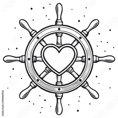 Vintage ship's wheel with heart emblem, nautical love symbol graphic, engraving design illustration