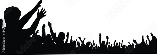 Cheering crowd silhouette with hands raised, concert audience, excitement, festival, enthusiastic fans, worship praise