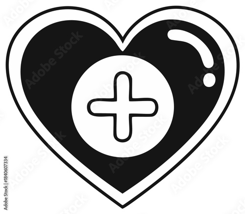 Black Heart Outline with White Medical Plus Symbol, Healthcare Icon