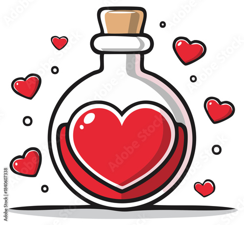 Potion of Love Illustration Featuring a Heart Bottle Filled with Liquid and Red Floating Hearts
